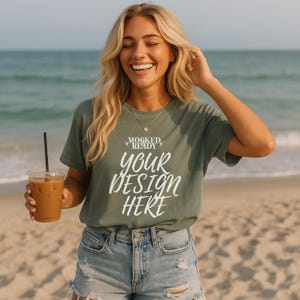 Bay Comfort Colors 1717 Beach Mockup | CC1717 Front Summer T-Shirt Mockup | Coastal Comfort Colors Model Mockup | Beach Shirt Mockups