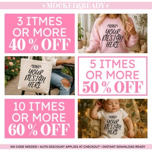 Puede incluir: Imagen promocional con cuadros de texto rosas que ofrecen descuentos: 40% de descuento por 3 art&iacute;culos, 50% de descuento por 5 art&iacute;culos y 60% de descuento por 10 art&iacute;culos. La imagen incluye una sudadera rosa, un bolso de mano y un body de beb&eacute;, todos con el texto "YOUR DESIGN HERE".