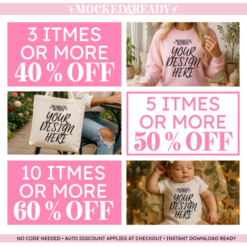 Puede incluir: Imagen promocional con cuadros de texto rosas que ofrecen descuentos: 40% de descuento por 3 art&iacute;culos, 50% de descuento por 5 art&iacute;culos y 60% de descuento por 10 art&iacute;culos. La imagen incluye una sudadera rosa, un bolso de mano y un body de beb&eacute;, todos con el texto "YOUR DESIGN HERE".
