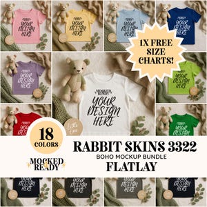 Może przedstawiać: Zestaw mockupów typu flatlay z koszulkami dla niemowląt w 18 kolorach, każda z napisem "YOUR DESIGN HERE". Każda koszulka jest prezentowana z misiem i zielenią. Widoczny jest również tekst "RABBIT SKINS 3322" i "BOHO MOCKUP BUNDLE FLATLAY".