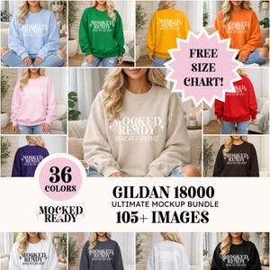 May include: A mockup bundle showcasing Gildan 18000 sweatshirts in a variety of colours. The image displays sweatshirts in shades such as blue, green, yellow, orange, pink, red, purple, and black. The text "MOCKED READY YOUR DESIGN HERE" is printed on the sweatshirts.