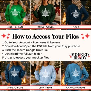 May include: A collection of long-sleeve crewneck sweatshirts in Irish green, forest green, navy, indigo blue, light blue, and Carolina blue. Each sweatshirt features a white graphic of a Christmas tree with the text MOCKED READY.