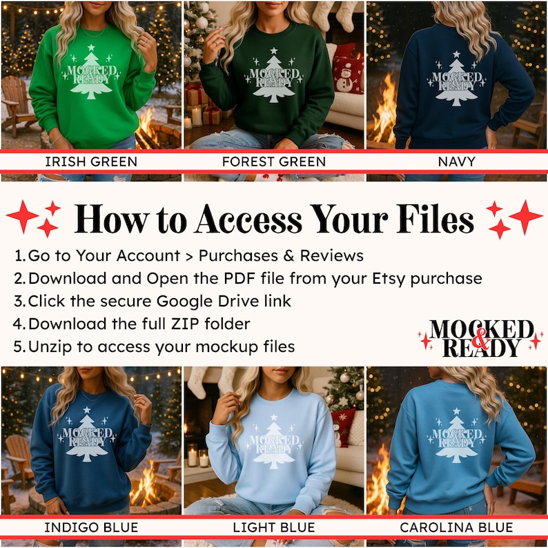May include: A collection of long-sleeve crewneck sweatshirts in Irish green, forest green, navy, indigo blue, light blue, and Carolina blue. Each sweatshirt features a white graphic of a Christmas tree with the text MOCKED READY.
