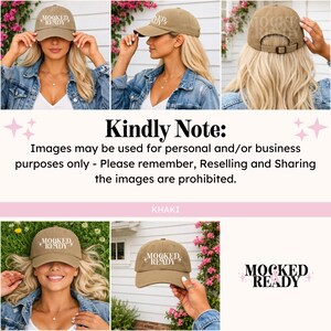 Puede incluir: Gorra de b&eacute;isbol caqui con el texto "MOCKED + READY" en escritura blanca. La gorra tiene una visera curva y una correa ajustable. La imagen tambi&eacute;n incluye el texto "Kindly Note: Images may be used for personal and/or business purposes only - Please remember, Reselling and Sharing the images are prohibited."