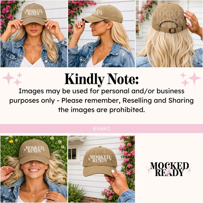 Puede incluir: Gorra de b&eacute;isbol caqui con el texto "MOCKED + READY" en escritura blanca. La gorra tiene una visera curva y una correa ajustable. La imagen tambi&eacute;n incluye el texto "Kindly Note: Images may be used for personal and/or business purposes only - Please remember, Reselling and Sharing the images are prohibited."
