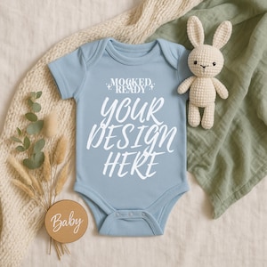 Light Blue Rabbit Skins 4424 Boho Flatlay Mockup, Baby Bodysuit Mockup, Infant Mockup, Toddler Mock Ups, Rabbit Skin Mockup, Bodysuit Mockup