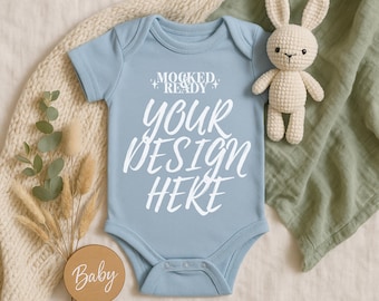 Light Blue Rabbit Skins 4424 Boho Flatlay Mockup, Baby Bodysuit Mockup, Infant Mockup, Toddler Mock Ups, Rabbit Skin Mockup, Bodysuit Mockup