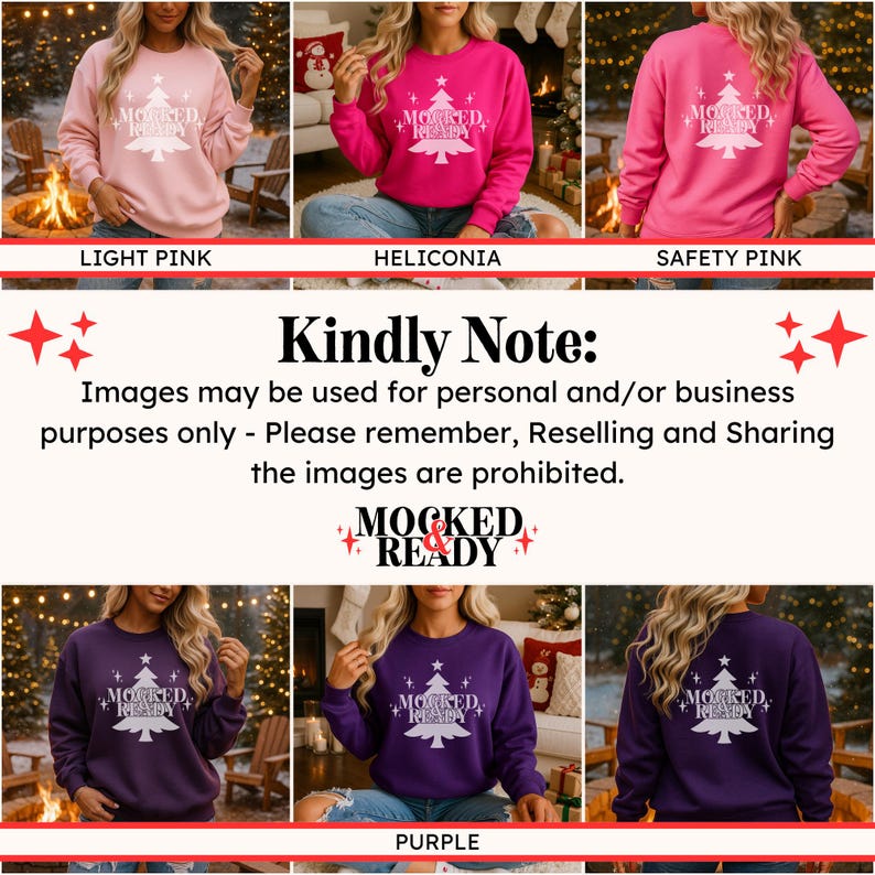 May include: A long-sleeve crewneck sweatshirt available in light pink, heliconia, safety pink, and purple. Each sweatshirt features a white graphic of a Christmas tree with the text MOCKED READY and star accents on the front chest.