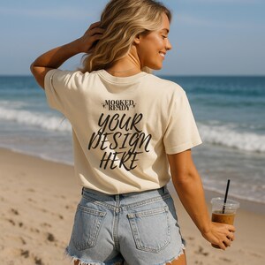 Ivory Comfort Colors 1717 Back Beach Mockup | CC1717 T-Shirt Back Mockup | Summer Comfort Colors Model | Oversized Beach Shirt Mockup