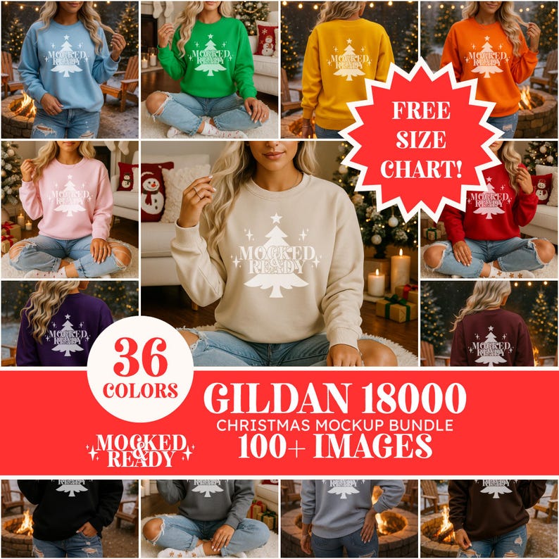 Gildan 18000 Christmas Mockup Bundle | 18000 Sweatshirt Mockup Bundle, Oversized Holiday Mockup Mega Bundle, Front & Back Crewneck Mockup