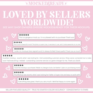 Może przedstawiać: R&oacute;żowa grafika z tekstem "LOVED BY SELLERS WORLDWIDE!" i opiniami klient&oacute;w. Obraz zawiera białe serca i słowa "MOCKED&READY". Opinie chwalą jakość i obsługę.