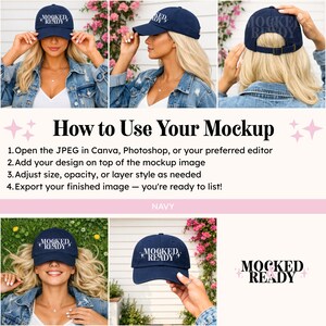 Puede incluir: Gorra de b&eacute;isbol azul marino con el texto "MOCKED READY" en blanco. La gorra se muestra desde m&uacute;ltiples &aacute;ngulos, incluyendo vistas frontal, lateral y trasera. La imagen tambi&eacute;n incluye instrucciones sobre c&oacute;mo usar una maqueta.