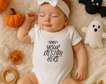 Skórki Białego Królika 4424 Mockup, Body niemowlęce na jesień, Body niemowlęce na Święto Dziękczynienia, Pierwsze Halloween dla noworodka, Pod