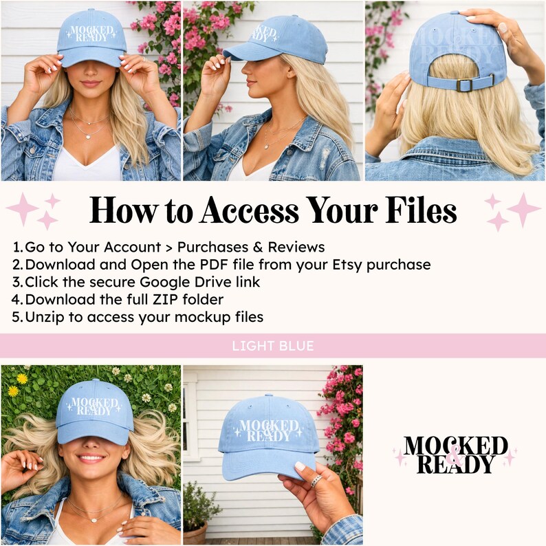 Puede incluir: Gorra de b&eacute;isbol azul claro con el texto "MOCKED READY" en blanco. La gorra se muestra desde m&uacute;ltiples &aacute;ngulos. La imagen tambi&eacute;n incluye instrucciones sobre c&oacute;mo acceder a los archivos y las palabras "LIGHT BLUE".