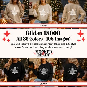 May include: A sand-coloured sweatshirt and a black sweatshirt, both featuring a white graphic of a Christmas tree with the text MOCKED READY and star accents. The design is displayed on the front and back of the garments.