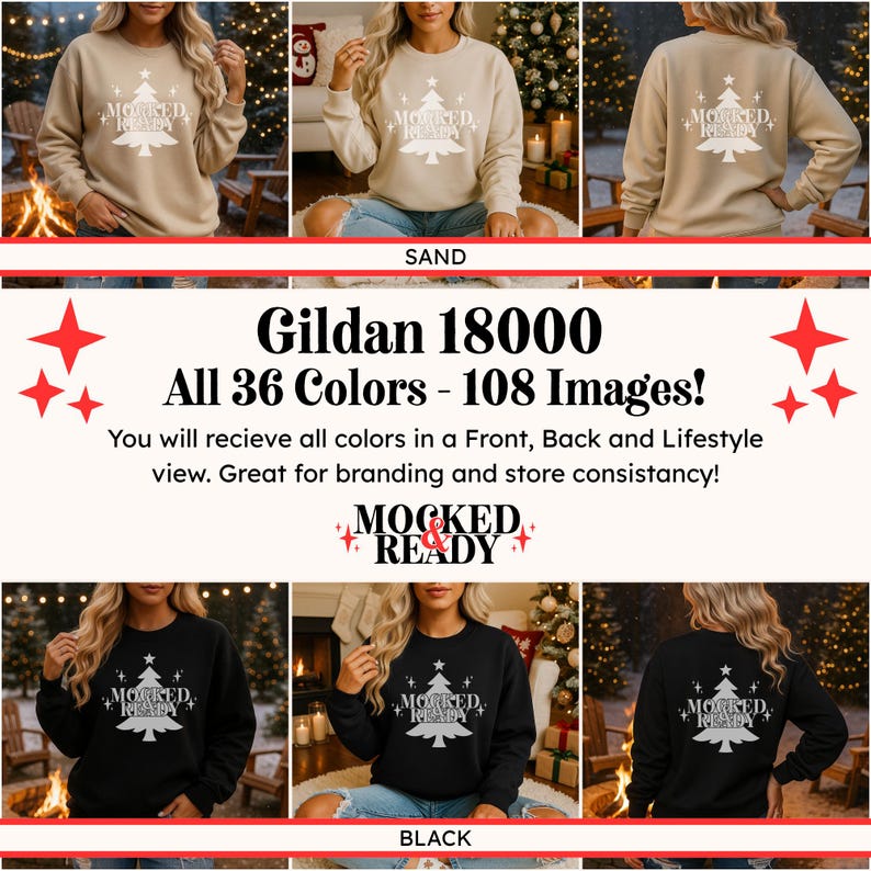May include: A sand-coloured sweatshirt and a black sweatshirt, both featuring a white graphic of a Christmas tree with the text MOCKED READY and star accents. The design is displayed on the front and back of the garments.