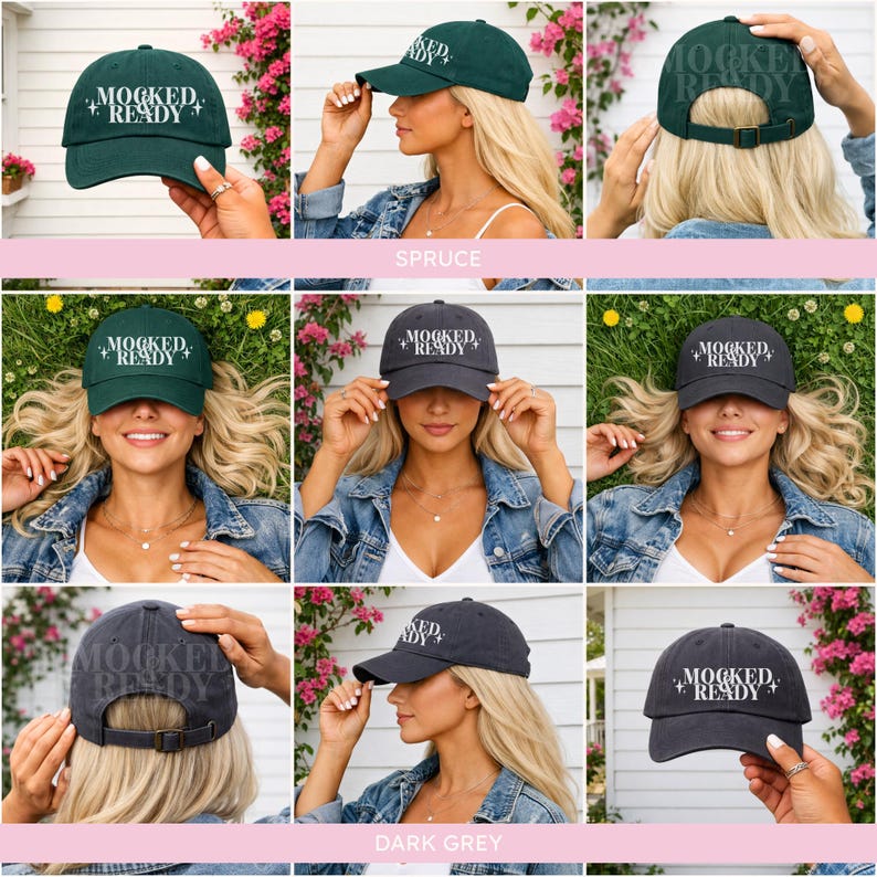Puede incluir: Gorras de b&eacute;isbol en verde abeto y gris oscuro, cada una con el texto blanco "MOCKED + READY". Las gorras tienen una correa ajustable y una visera curvada. Las im&aacute;genes muestran las gorras en diferentes poses. Un accesorio casual.