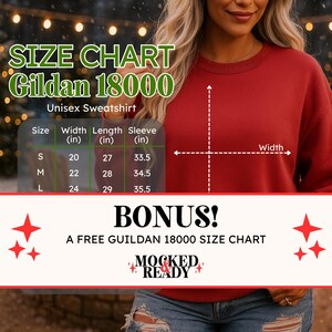 May include: A red Gildan 18000 unisex sweatshirt size chart featuring a table with width, length, and sleeve measurements in inches for sizes S, M, and L. The graphic includes text labels for width and length dimensions and the Mocked & Ready logo.