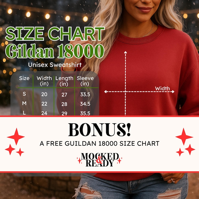 May include: A red Gildan 18000 unisex sweatshirt size chart featuring a table with width, length, and sleeve measurements in inches for sizes S, M, and L. The graphic includes text labels for width and length dimensions and the Mocked & Ready logo.