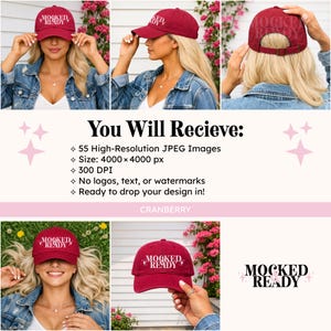 Puede incluir: Gorra de b&eacute;isbol color ar&aacute;ndano con el texto "MOCKED + READY" en blanco. La gorra se muestra desde m&uacute;ltiples &aacute;ngulos. La imagen tambi&eacute;n incluye texto sobre las caracter&iacute;sticas del producto.
