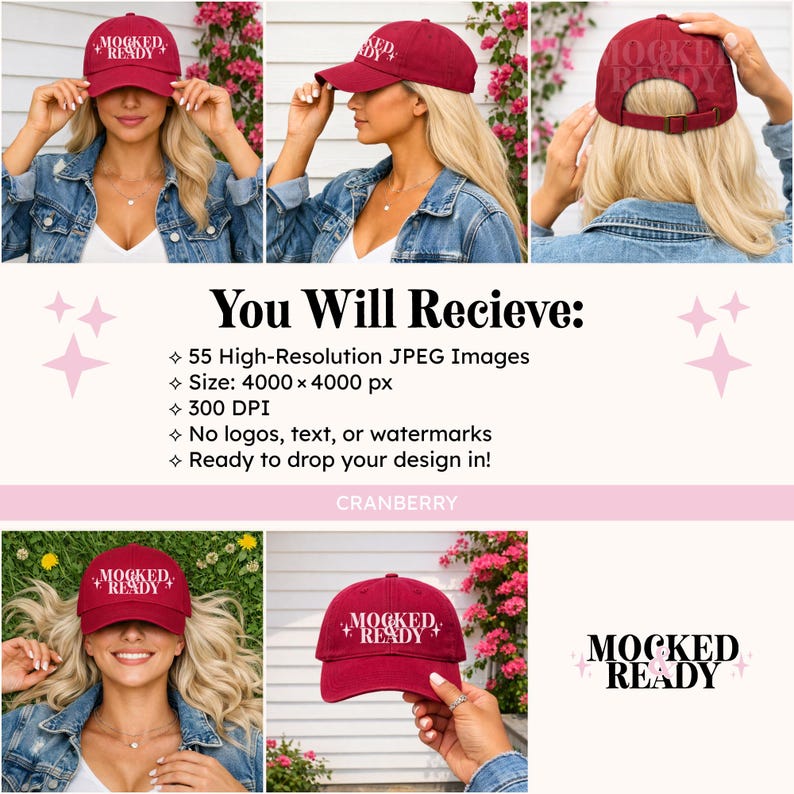 Puede incluir: Gorra de b&eacute;isbol color ar&aacute;ndano con el texto "MOCKED + READY" en blanco. La gorra se muestra desde m&uacute;ltiples &aacute;ngulos. La imagen tambi&eacute;n incluye texto sobre las caracter&iacute;sticas del producto.