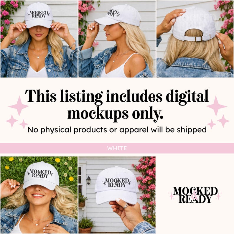 Puede incluir: Gorra de b&eacute;isbol blanca con el texto "MOCKED + READY" en negro. La gorra se muestra desde m&uacute;ltiples &aacute;ngulos. El anuncio incluye solo maquetas digitales.