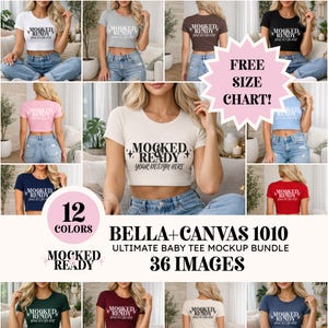 May include: A mockup bundle of Bella+Canvas 1010 baby tee shirts in 12 colors. Each shirt features the text "MOCKED + READY YOUR DESIGN HERE". The image includes a "FREE SIZE CHART!" graphic and the text "36 IMAGES".