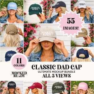 Könnte beinhalten: Ein Mockup-Bundle mit einer klassischen Dad-Cap in 11 Farben und 5 Ansichten. Die Caps zeigen den Text "MOCKED + READY" in verschiedenen Farben, darunter Blau, Grün und Beige. Das Bild enthält auch den Text "55 BILDER!" und "ULTIMATE MOCKUP BUNDLE".