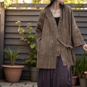 Veste nouée en lin lavé avec poches, peignoir en coton effet vieilli de style cottage, veste kimono légère et décontractée toutes saisons pour femme
