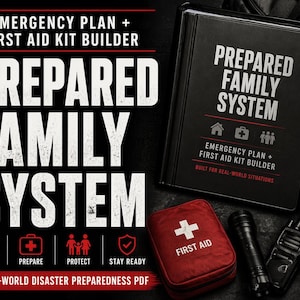May include: A black binder with the words "PREPARED FAMILY SYSTEM" and "EMERGENCY PLAN + FIRST AID KIT BUILDER". A red first aid kit, flashlight, walkie-talkie, and compass are also visible. The image promotes disaster preparedness.