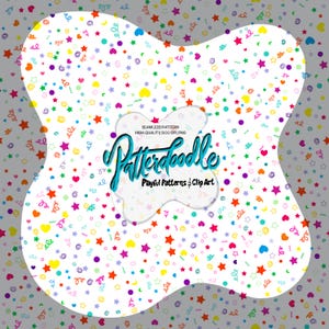 Op de afbeelding: Een kleurrijk digitaal patroon met een witte, wolkachtige rand. Het ontwerp bevat een herhalend patroon van sterren, harten, stippen en krullen in verschillende kleuren. De tekst "Patterdoodle" staat in een turquoise scriptlettertype, met "Playful Patterns & Clip Art" eronder.