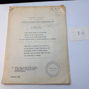 May include: A vintage typewritten document titled Ghost Story, a series of 29 outlines of tales of the supernatural by Dinsdale Lebron, dated February 1959. The paper features a Writers Guild of America registration stamp and handwritten notes.