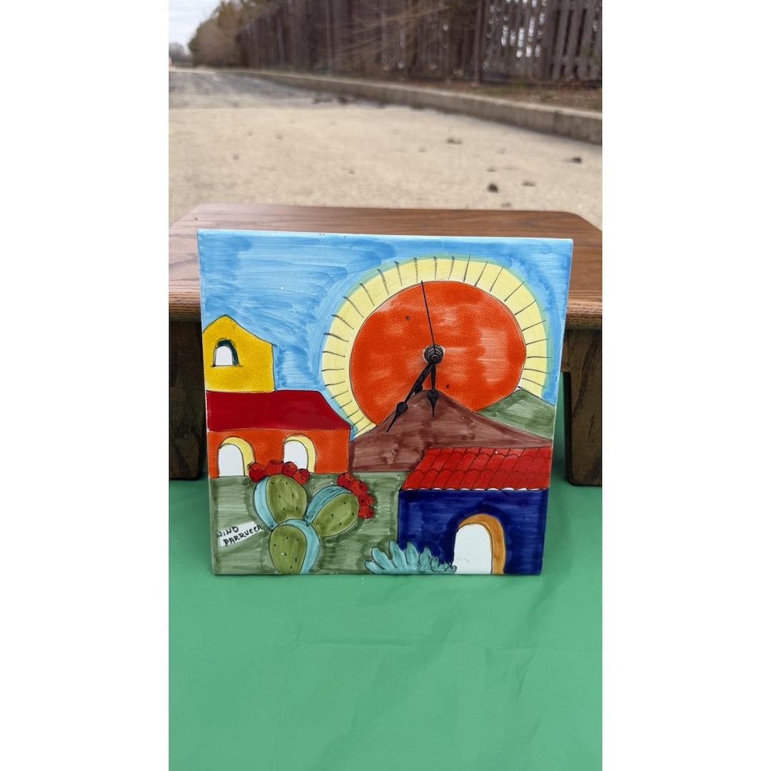 Nino Parrucca Italian Ceramic Tile Clock Hand Painted Sicily Scene