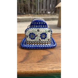 Polish Pottery Napkin Holder UNIKAT Blue Floral Hand Made in Poland