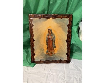 Vintage Our Lady of Guadalupe Wood Plaque Signed Del Ryan 18" x 14"