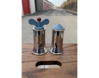Alessi Salt Pepper Shaker Set Blue Tops INOX 18/10 Italy Stainless Steel