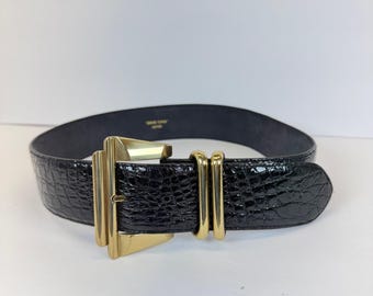 Saks Fifth Avenue Black Caiman Embossed Leather Belt Gold Buckle Made in Italy L