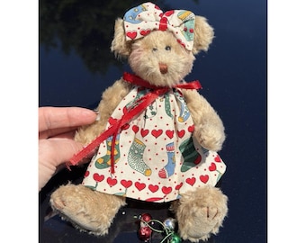 Vintage Mini Teddy Bear Plush in Handmade Heart & Stocking Dress with Bow