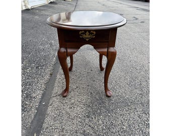 Vintage Queen Anne Style Round Wood Side Table with Drawer TraditionalFurniture