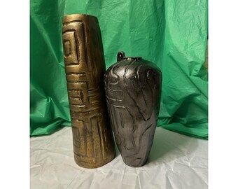 Set of 2 Modern Textured Ceramic Vases Gold & Black Abstract Decor 15"