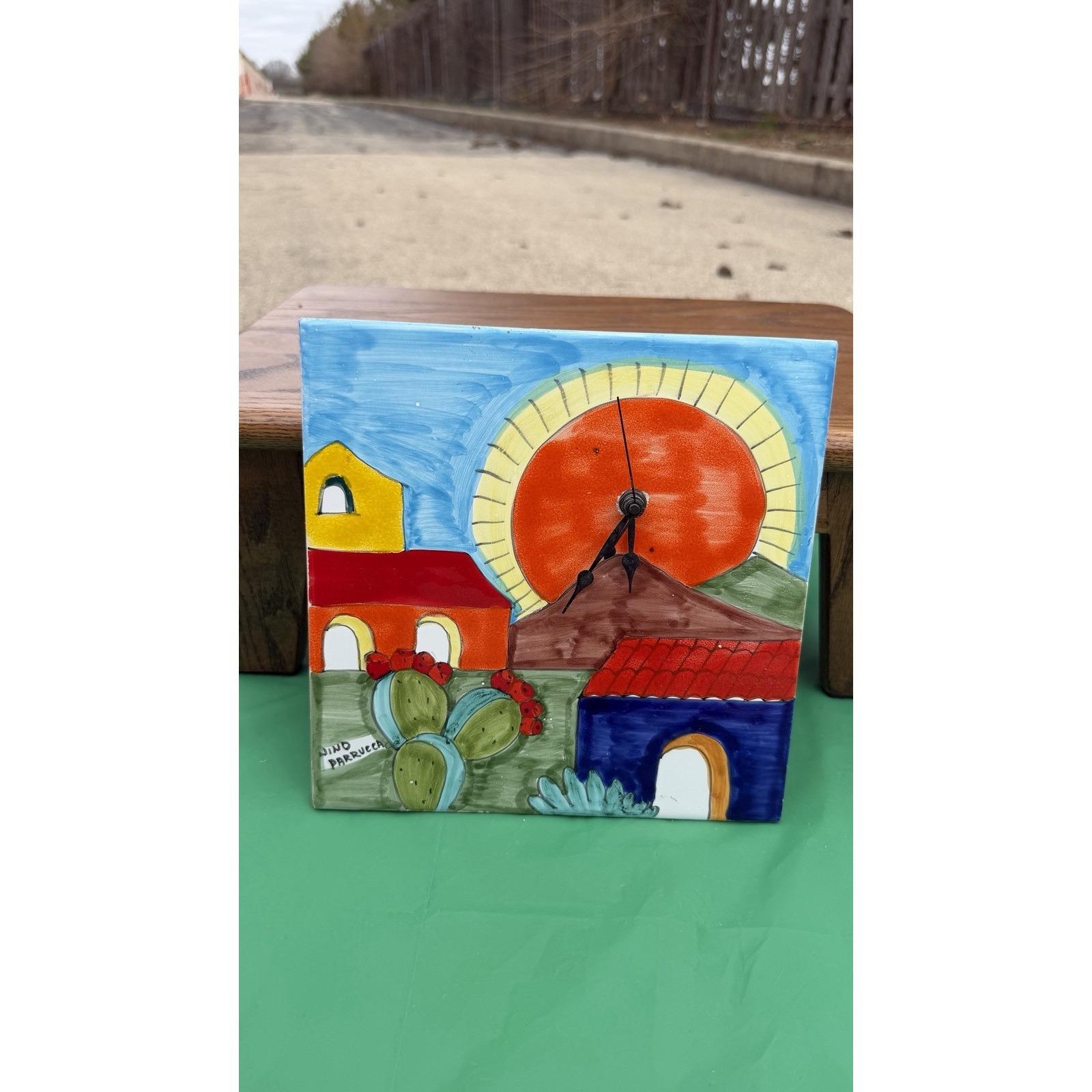 Nino Parrucca Italian Ceramic Tile Clock Hand Painted Sicily Scene