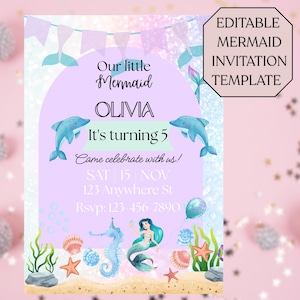 Personalized Mermaid Birthday Template | Editable Invites  | Under the Sea Party Printable |  | Birthday Girl | Birthday Invitation Card