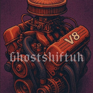 V8 Engine Wall Art | Retro Car Engine Digital Download | Muscle Car Poster, Hot Rod Garage Decor, Mechanical Artwork Print
