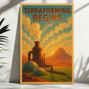Terraforming Mars Poster – Retro-Futurist Sci-Fi Printable Wall Art – Digital Download of Martian Engineering Scene