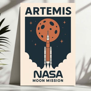 NASA Artemis Moon Mission Retro Poster – Mid-Century Modern Space Art Print – Digital Download