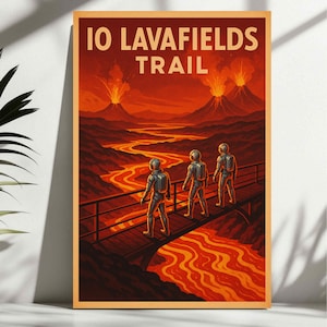 Io Lavafields Trail Poster – Retro Futurist Space Travel Art, Sci-Fi Volcanic Landscape, Digital Download