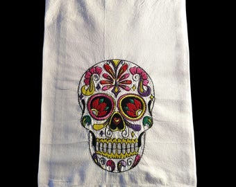 Embroidered Sugar Skull Kitchen Towel: Red Floral Día de los Muertos Decor