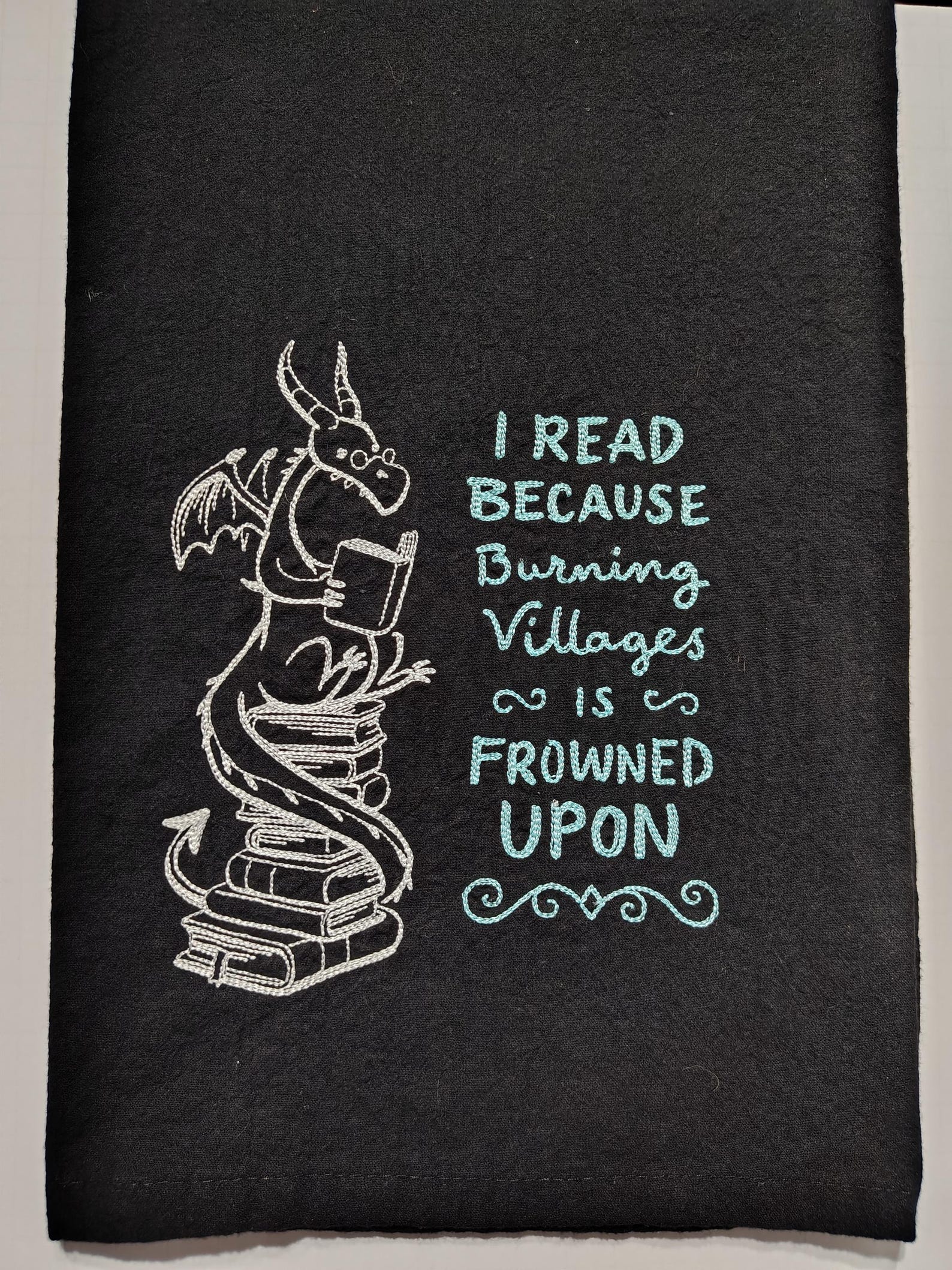 Embroidered GLOWS Funny Dragon Reading Black Kitchen towel 27" by 27"