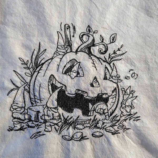 Embroidered Halloween Gnomes Kitchen Towel: Ivory Cotton Jack-o'-lantern