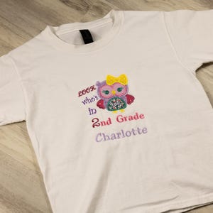 Personalized Back to School Shirt, Embroidered Student Owl Applique, First Day of School Shirt for Boys and Girls, Choose Your Grade